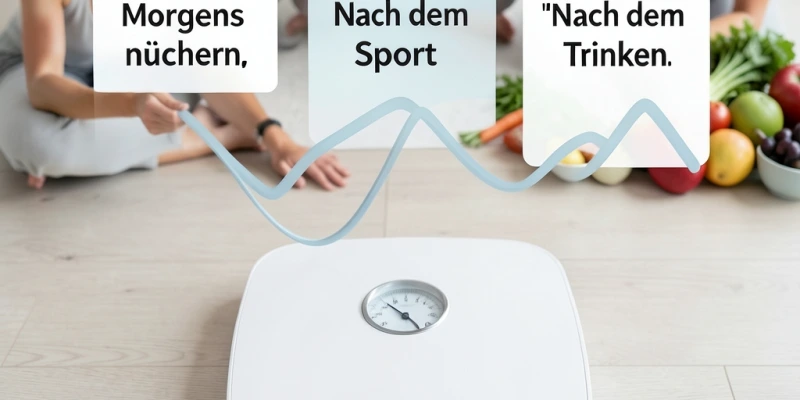 Grafik: Körpergewicht im Tagesverlauf – Messungen morgens nüchtern, direkt nach dem Sport, nach dem Trinken. Zeigt, wie der "Schwitzverlust" durch Trinken wieder ausgeglichen wird.