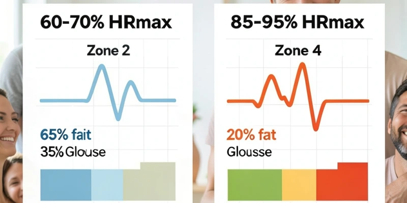 Grafik mit zwei Herzfrequenz-Zonen: Zone 2 (niedriger Puls, höherer Fettanteil an der Energiegewinnung) und Zone 4 (hoher Puls, überwiegend Glukose als Energie) – mit Prozentangaben aus der Sportwissenschaft