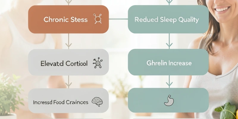 Grafik mit zwei Körpersignalkreisläufen – einer zeigt chronischen Stress → Cortisol → Heißhunger, der andere zeigt Schlafreduktion → Ghrelin-Anstieg → erhöhtes Hungergefühl; sachlich und ohne Körperbewertung