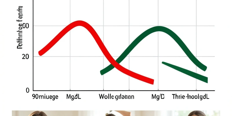 Grafik mit zwei Kurven: Blutzuckerverlauf nach Weißbrot vs. Vollkornbrot – Weißbrot zeigt steilen Anstieg und schnellen Abfall, Vollkorn flachere, längere Kurve