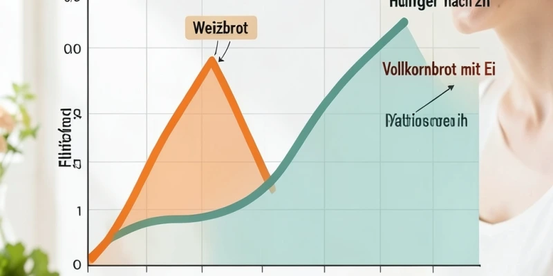 Grafik mit zwei Kurven: eine zackige Blutzuckerkurve nach Weißbrot (stark steigend, dann tief absinkend) und eine flache Kurve nach Vollkornbrot mit Ei (langsam steigend, stabil bleibend) – beschriftet mit „Hunger nach 2h" bei der zackigen Kurve