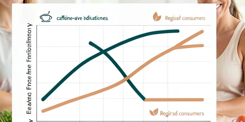 Grafik mit zwei Kurven: Koffein-Effekt auf Energieverbrauch bei Koffein-Naiven vs. regelmäßigen Konsumenten über 4 Wochen – Effekt flacht bei Gewöhnung deutlich ab