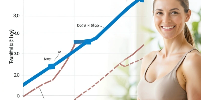 Grafik mit zwei Kurven über 8 Wochen: Kurve 1 = Gewichtsprogression in einem HST-Zyklus (gleichmäßig steigend in drei Blöcken), Kurve 2 = typische intuitive Progression ohne Plan (unregelmäßig, mit Stagnationsphasen). Verdeutlicht, warum planmäßige Struktur Vorteile bringt