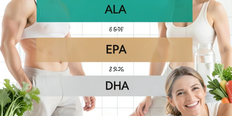 Grafik zeigt den Umwandlungspfad ALA → EPA → DHA mit Prozentangaben der Umwandlungsrate – verdeutlicht die Effizienzlücke