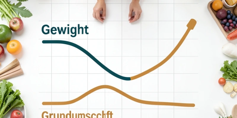 Grafik zeigt zwei Kurven: Gewicht sinkt in Woche 1–4 schnell, Grundumsatz sinkt parallel – nach Diätende steigt Gewicht zurück über Ausgangspunkt, Grundumsatz bleibt zunächst niedrig