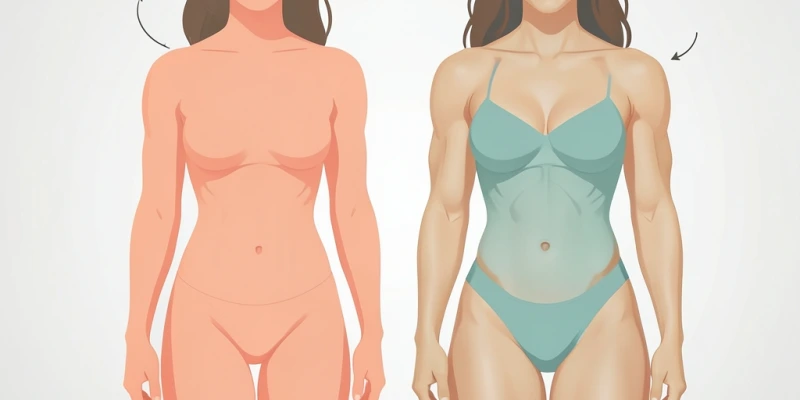 Grafik zeigt zwei Silhouetten nebeneinander – eine mit niedrigem Körperfettanteil und sichtbarer, aber femininer Muskulatur an Schultern und Oberschenkeln; eine ohne Training. Unterschied: Definition, keine extreme Größenzunahme