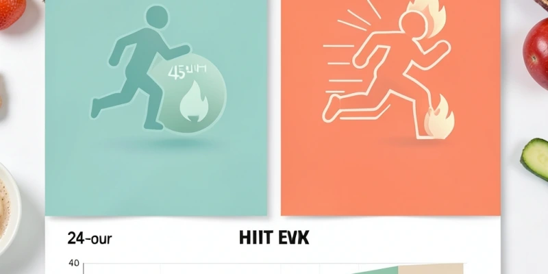Grafik zeigt zwei Trainingseinheiten im Vergleich: 45 Minuten lockeres Cardio vs. 25 Minuten HIIT – Gesamtenergieverbrauch inklusive Nachbrenneffekt über 24 Stunden