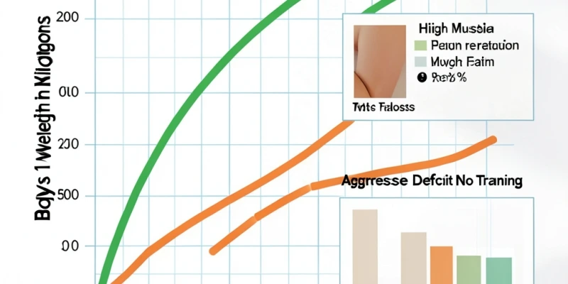 Grafik: Zwei Abnehmkurven über 12 Wochen – eine mit moderatem Defizit + Krafttraining, eine mit starkem Defizit ohne Krafttraining – Gewichtsverlust ähnlich, aber Körperzusammensetzung unterschiedlich