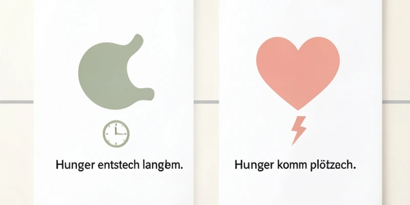 Grafische Darstellung der zwei Hungersignale – ein Magen als Symbol für körperlichen Hunger, ein Herz als Symbol für emotionalen Hunger, mit kurzen Beschriftungen: „Hunger entsteht langsam, nach Stunden ohne Essen" vs. „Hunger kommt plötzlich, ausgelöst durch Stress oder Langeweile"