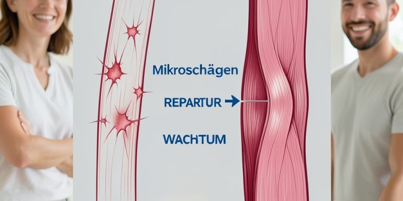 Grafische Darstellung einer Muskelfaser vor und nach dem Training – links dünner, rechts dicker, mit Beschriftung „Mikroschäden → Reparatur → Wachstum"