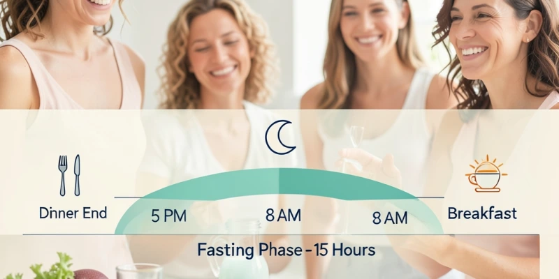 Grafische Darstellung einer Zeitleiste: Essensende 17 Uhr, Schlafen, Frühstück 8 Uhr – eingezeichnete Fastenphase von 15 Stunden