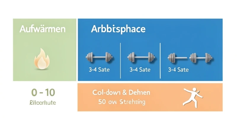 Grafische Darstellung eines 60-Minuten-Trainingsblocks: 0–10 min Aufwärmen, 10–50 min Arbeitsphase mit 4 Übungen à 3–4 Sätzen, 50–60 min Cool-down und Dehnen