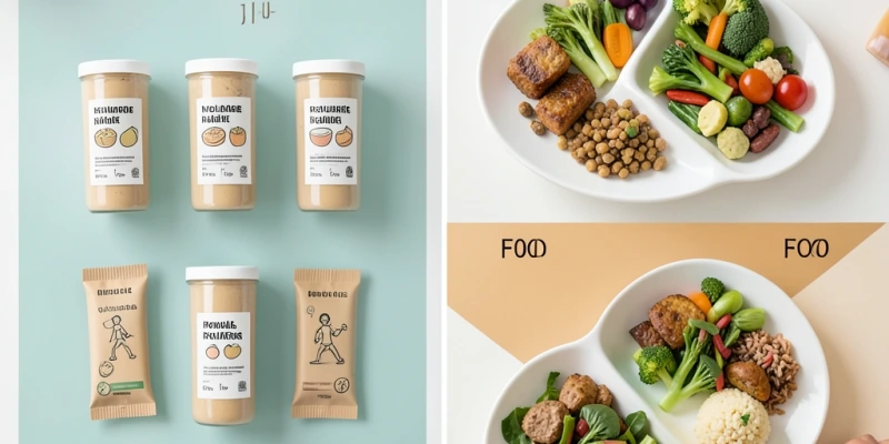 Grafische Darstellung eines typischen Tagesplans bei Formula-Diät vs. regulärer Ernährung – drei Shakes/Riegel vs. drei strukturierte Mahlzeiten mit Mengenangaben