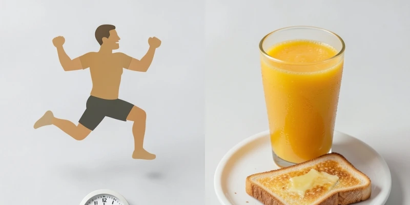 Grafische Darstellung: Links eine 30-minütige Bodyweight-Einheit mit ungefährem Kalorienverbrauch (~250 kcal), rechts ein alltägliches Lebensmittel mit ähnlichem Energiegehalt – z. B. ein Glas Orangensaft und zwei Scheiben Toast. Kein Wertungsrahmen, nur Größenordnung zeigen.
