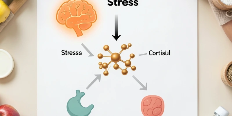 Grafische Darstellung: Stressachse → Cortisol → verlangsame Verdauung + Fettspeicherung – vereinfachtes Schaubild als Fließdiagramm