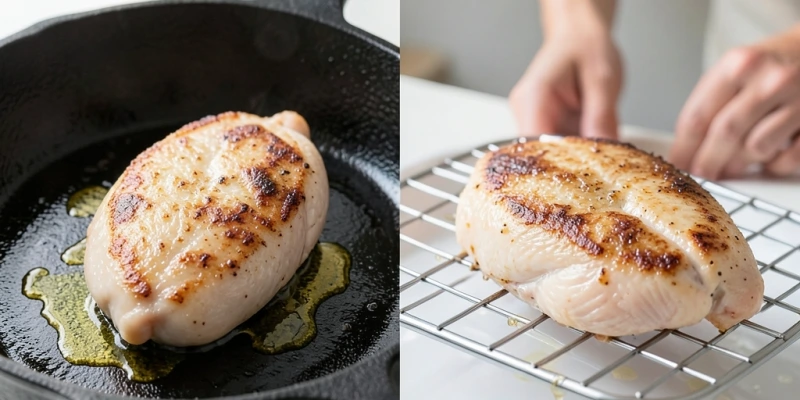 Grafische Gegenüberstellung: Hähnchenbrust in Pfanne mit Öl vs. Hähnchenbrust auf Grillrost – sichtbarer Fettunterschied durch abtropfendes Fett beim Grillen