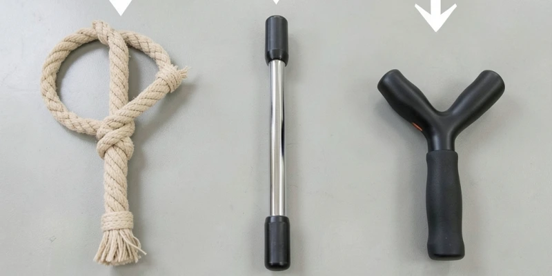 Greifvarianten am Kabelzug für Shrugs – Seilgriff, gerade Stange und V-Griff im Vergleich, mit Pfeil zur Zugrichtung