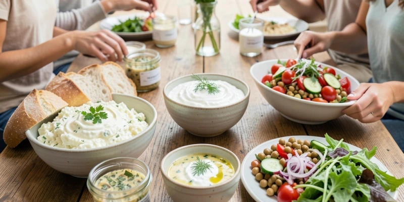 Grillbeilagen-Tisch im Vergleich – links: Mayonnaise-Kartoffelsalat, Weißbrot, Fertig-Dips; rechts: Joghurt-Kartoffelsalat, Kichererbsensalat, Tzatziki, Blattsalat – ähnliche Fülle, sehr unterschiedliche Nährstoffdichte