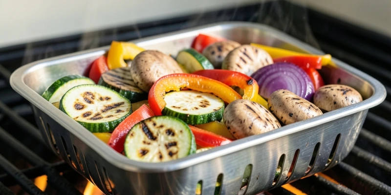 Grillkorb mit gemischtem Gemüse auf dem Grill – Zucchini, Paprika, Champignons, rote Zwiebeln – leicht gebräunt, keine Sauce