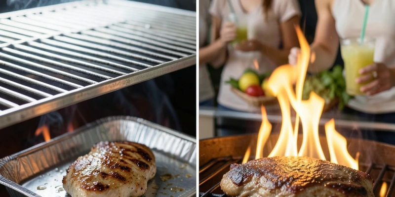 Grillrost mit korrektem Abstand zur Glut (ca. 10–15 cm), Aluschale unter dem Fleisch – Vergleich zu direktem Kontakt über offener Flamme.