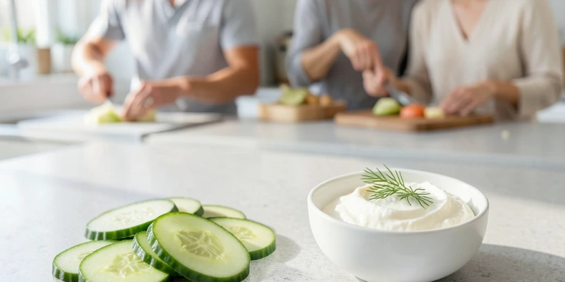 Gurkenscheiben (ca. 150 g) neben einer kleinen Schüssel Magerquark (ca. 100 g) – als Snack-Kombination mit Kalorienangabe und Proteingehalt beschriftet