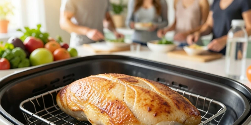 Hähnchenbrust im Airfryer-Korb, leicht goldbraun, Korb ohne Ölansammlungen am Boden