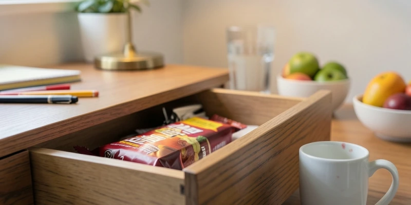 Halb geöffnete Schreibtischschublade mit einer versteckten Packung Schokolade – daneben eine leere Kaffeetasse
