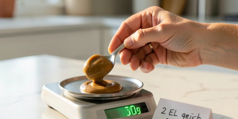 Hand, die einen Esslöffel Nussbutter auf einer kleinen Küchenwaage abwiegt – Digitalanzeige zeigt 30 g, darunter handschriftliche Notiz: „2 EL = ca. 190 kcal"
