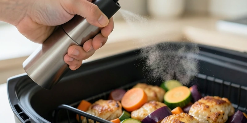 Hand hält einen schlanken Ölsprüher in einen geöffneten Airfryer-Korb mit Gemüse und Hähnchenstücken