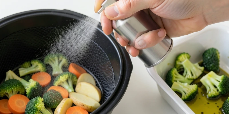 Hand mit Ölsprüher besprüht gleichmäßig Gemüsestücke in einem Airfryer-Korb – Vergleich zu einem mit Öl übergossenen Korb daneben