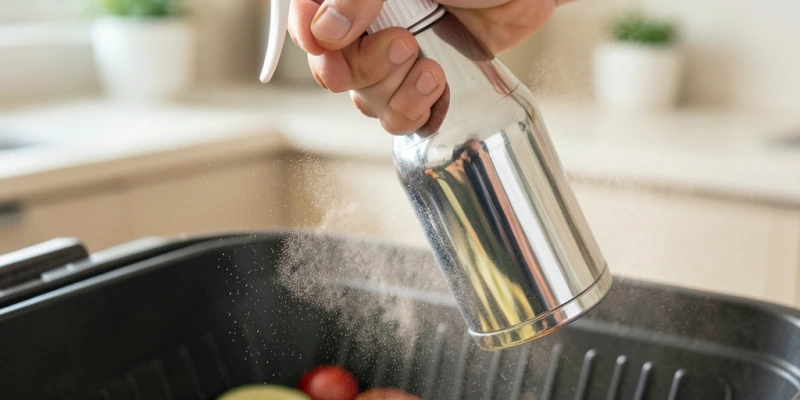Hand mit Ölsprüher in idealem Abstand über einem Korb mit Gemüse im Airfryer – Nebel sichtbar, kein direkter Strahl