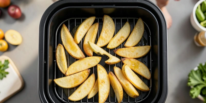 Heißluftfritteuse von oben mit Korb, darin gleichmäßig verteilte Kartoffelspalten mit leichtem Ölfilm – keine Öllachen, keine trockenen Stellen