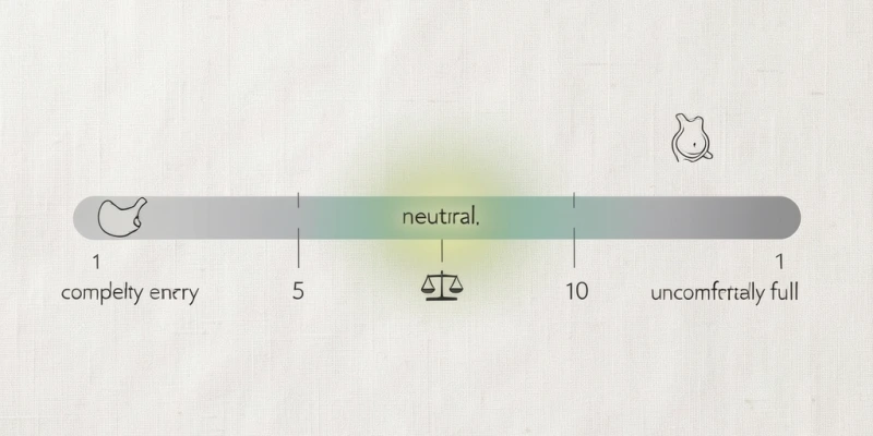 Hunger-Skala von 1 bis 10 als visuelle Grafik: 1 = völlig ausgehungert, 5 = neutral, 10 = unangenehm voll – mit Markierung des Zielbereichs 3–7 als Zone, in der intuitives Essen stattfindet