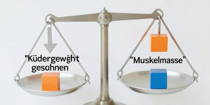 Illustration: Waage mit zwei Feldern – „Körpergewicht gesunken" auf einer Seite, „Fettmasse vs. Muskelmasse" aufgeteilt auf der anderen – zeigt visuell, dass Gewichtsverlust nicht gleich Fettverlust ist