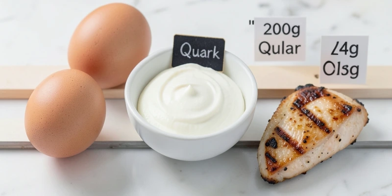 Infografik: 200 g Magerquark neben zwei Eiern und einer kleinen Hähnchenbrust – alle drei liefern ca. 24 g Protein, aber mit unterschiedlichen Kalorien- und Fettmengen