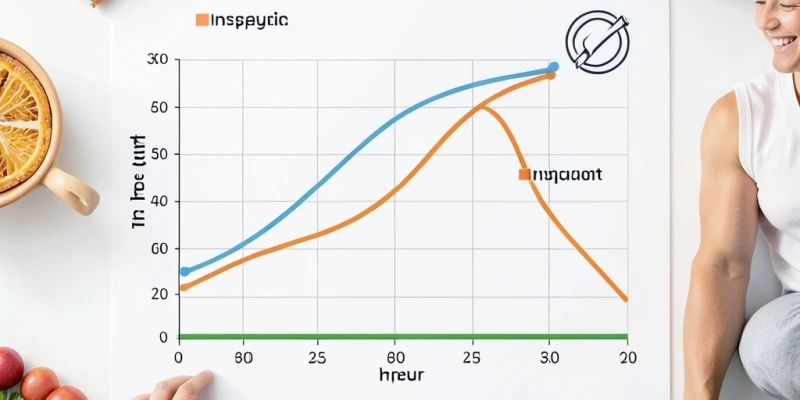 Infografik: Blutzucker- und Insulinverlauf über 4 Stunden nach einer Mahlzeit – Kurve zeigt Anstieg nach dem Essen, Spitze nach ca. 30–60 Minuten, Rückgang auf Ausgangsniveau nach 2–4 Stunden