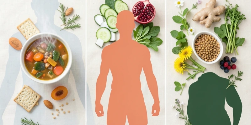Infografik der drei Doshas Vata, Pitta, Kapha – je mit typischen Körpermerkmalen, Stoffwechseleigenschaften und empfohlenen Lebensmittelgruppen nebeneinander dargestellt