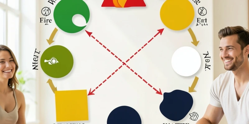 Infografik der fünf Elemente als Kreis angeordnet: Holz, Feuer, Erde, Metall, Wasser – mit Pfeilen, die den Förder- und Kontrollzyklus darstellen