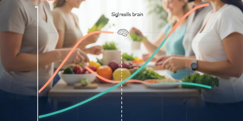 Infografik der Sättigungshormone GLP-1 und Ghrelin über eine 30-minütige Mahlzeit – GLP-1 steigt an, Ghrelin fällt, mit Markierung wann das Signal das Gehirn erreicht