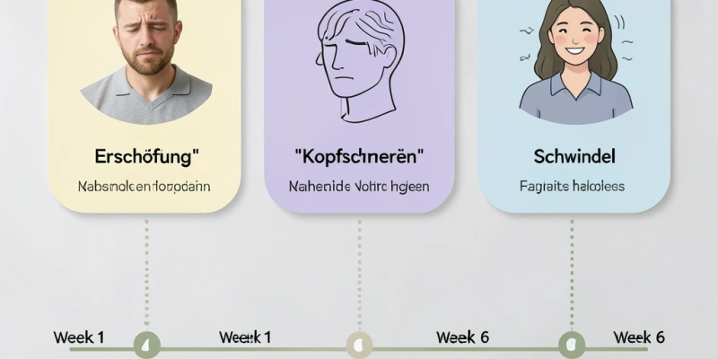 Infografik: Drei häufige Nebenwirkungen der ersten Wochen (Erschöpfung, Kopfschmerzen, Schwindel) mit Zeitstrahl – wann sie typischerweise auftreten und wann sie sich legen