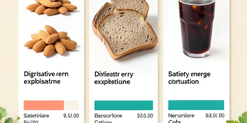 Infografik: Drei Lebensmittel mit je 300 kcal – Mandeln, Vollkornbrot, Cola – mit Balken, die zeigen, wie viel Energie der Körper jeweils zur Verdauung aufwendet und wie viel Sättigung entsteht