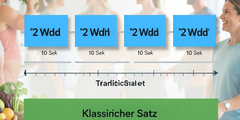Infografik eines Cluster-Sets: Zeitstrahl mit abwechselnden Arbeitsphasen (2 Wiederholungen) und kurzen Pausen (10 Sekunden), im Vergleich zu einem klassischen Satz ohne Unterbrechung