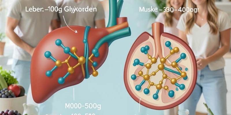 Infografik: Glykogenspeicher in Leber und Muskel mit Wasseranbindung – schematisch dargestellt, Zahlen: ca. 400–500 g Glykogen gesamt, gebunden an ca. 1,5–2 kg Wasser