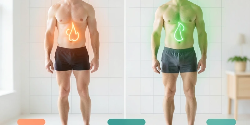 Infografik: Grundumsatz-Vergleich bei 60 kg Gewicht – einmal mit 25% Körperfettanteil, einmal mit 20% – gleiche Zahl auf der Waage, unterschiedlicher Ruheumsatz.