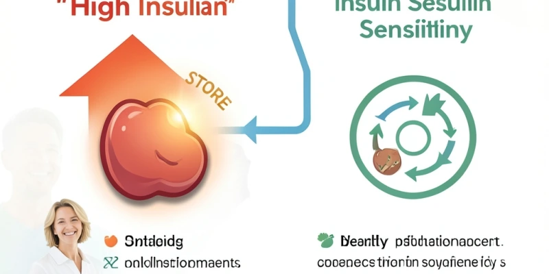 Infografik: Insulinsignal und Fettspeicherung – vereinfachte Darstellung, wie hoher Insulinspiegel das „Speichern"-Signal auslöst und wie Insulinsensitivität diesen Kreislauf dämpft