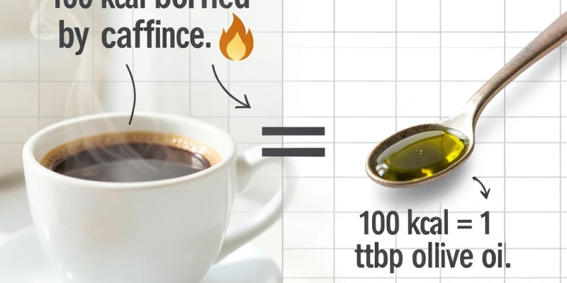 Infografik: Kalorieneffekt von Koffein vs. tatsächliches Kaloriendefizit – zeigt, dass 100 kcal Mehrverbrauch durch Koffein einem Esslöffel Olivenöl entsprechen, den man weglässt