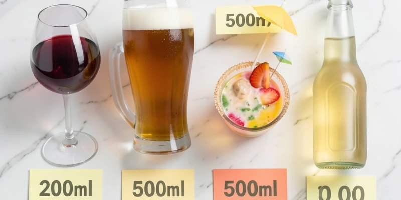 Infografik: Kaloriengehalt verschiedener Getränke im Vergleich – Rotwein 200ml, Bier 500ml, Cocktail mit Mixer, alkoholfreies Bier – jeweils mit Balken oder Zahlen nebeneinander