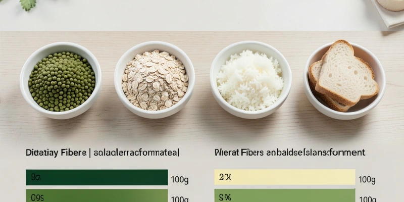 Infografik: Kohlenhydratquellen im Vergleich – Linsen, Haferflocken, Weißreis, Weißbrot – mit Ballaststoffgehalt pro 100g und schematischer Blutzuckerwirkung