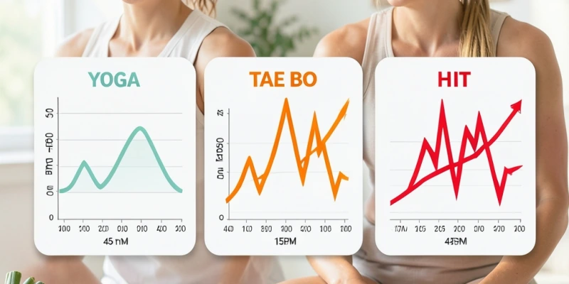 Infografik mit drei nebeneinander gezeigten Herzfrequenzkurven über 45 Minuten – Yoga, Tae Bo, HIIT – zur visuellen Einordnung der Intensität