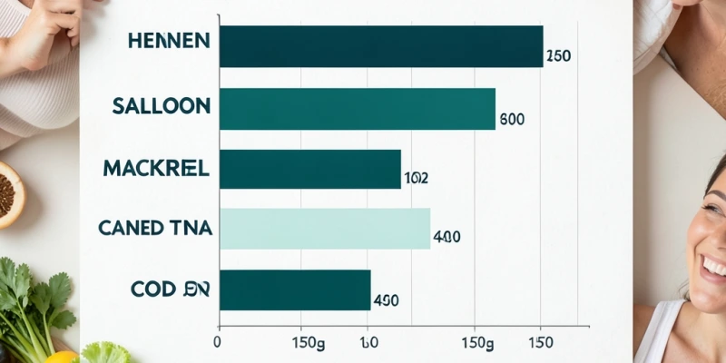 Infografik mit EPA+DHA-Gehalt pro 150g-Portion verschiedener Fischsorten: Hering, Lachs, Makrele, Thunfisch (Dose), Kabeljau – als einfacher Balkenvergleich